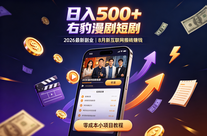 日入500+右豹漫剧短剧2026最新副业8月新互联网搬砖赚钱零成本小项目教程